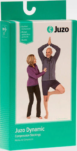 Product packaging for the Juzo Dynamic Thigh High with Hip Attachment for the left leg only 3513AGHA
