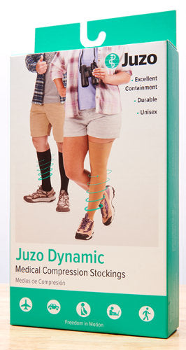 Product packaging for the Juzo Dynamic Cotton 15-20 mmHg Compression Knee High (3520ADFF03)