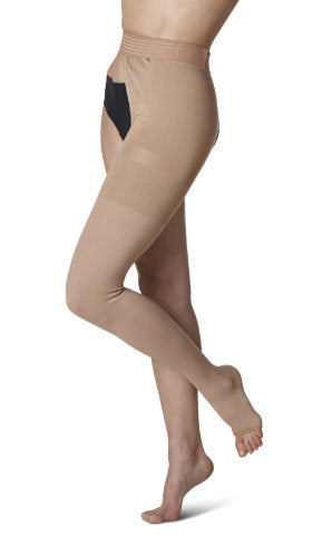 Sigvaris 503W Natural Rubber Left Thigh High with Waist Attachment for Women Color Beige