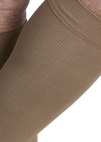 Zoomed in look at the Sigvaris 822C/S Men's Microfiber compression sock in the color Tan-Khaki
