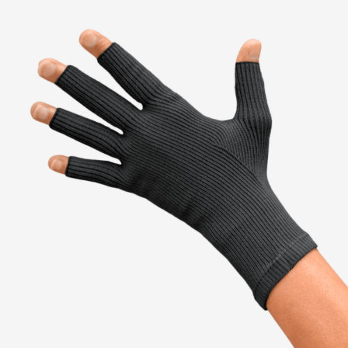 Woman wearing her black colored Solaris ExoStrong Glove with full fingers