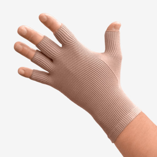 Woman wearing her beige colored Solaris ExoStrong Glove with half fingers