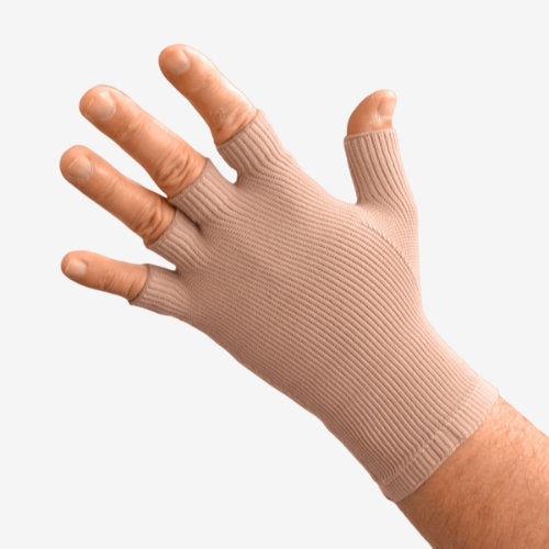 Woman wearing her beige colored Solaris ExoStrong Glove with quarter fingers