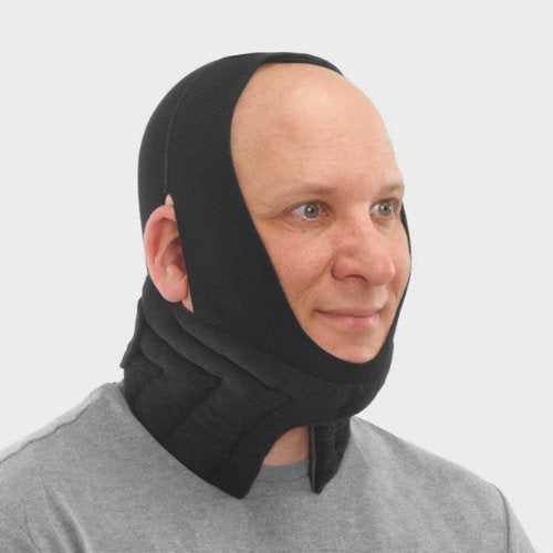 Guy wearing his Solaris Tribute Head and Neck Wrap with Tracheostomy Accommodation in the color black