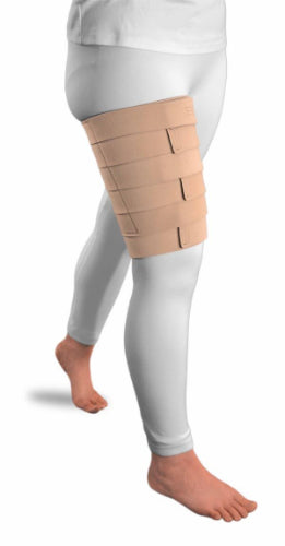 A lady wearing light gray leggings under her Solaris beige ReadyWrap thigh wrap.