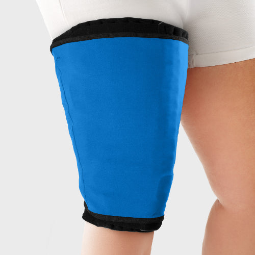 Person wearing the blue Solaris Tribute Knee to Thigh Sleep Sleeve. 