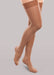Lady wearing her Therafirm EASE Opaque Women's thigh high 15-20 mmHg compression stockings in the color bronze