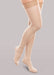 Lady wearing her Therafirm EASE Opaque Women's thigh high 15-20 mmHg compression stockings in the color natural