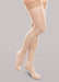 Lady wearing her Therafirm EASE Opaque Women's thigh high 20-30 mmHg compression stockings in the color natural