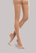 Lady wearing her Ease Sheer 30-40 mmHg compression thigh-high open-toe stocking by Therafirm in the color sand