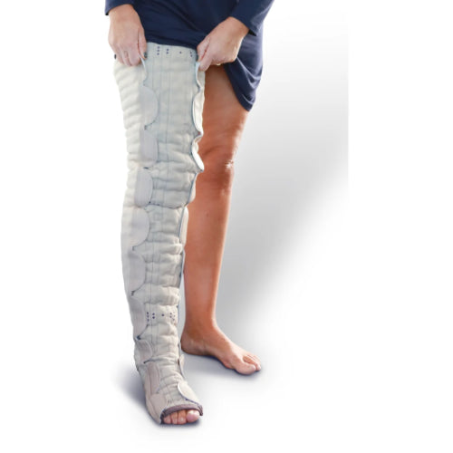Person adjusting their Thuasne Mobiderm AutoFit Thigh High nighttime garment