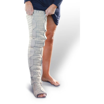 Person adjusting their Thuasne Mobiderm AutoFit Thigh High nighttime garment