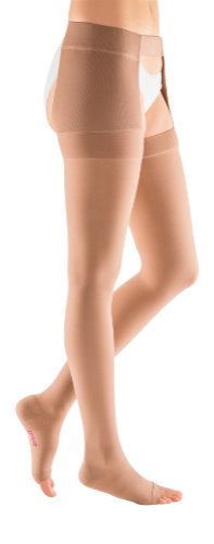 Woman wearing her Mediven Plus Thigh High Right Leg with Waist Attachment | 20-30 mmHg Color Beige