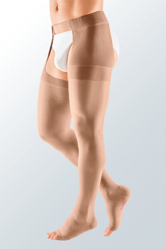 Man wearing his Mediven Plus Chaps Style Left Leg 40-50 mmHg Compression Stockings