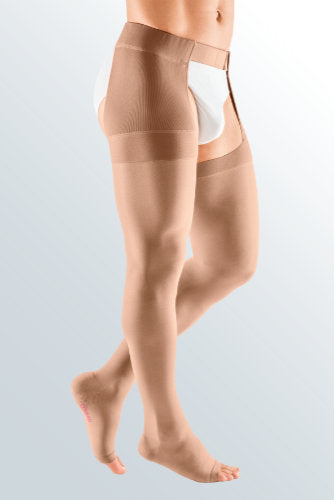 Man wearing his Mediven Plus Thigh High Right Leg with Waist Attachment | 20-30 mmHg Color Beige