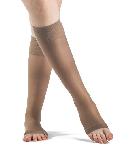 Fashionable Sigvaris Sheer Fashion, 15-20 mmHg, Knee High, Open Toe Color Taupe