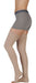 Lady wearing her Juzo Soft Thigh High Open Toe 30-40 mmHg Compression Stockings in the color beige