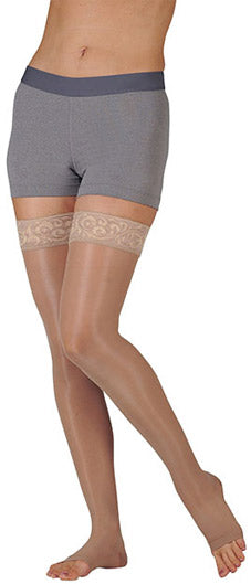 Juzo Naturally Sheer (2102AG), 30-40 mmHg, Thigh High, Open Toe | Beige Women's Stocking | Compression Care Center 