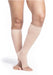Female leg wearing Sigvaris 782CO Sheer Open Toe Knee High Compression Stockings in the color Toasted Almond