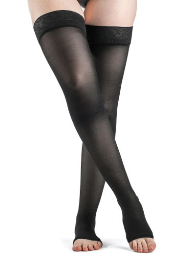 Female leg wearing Sigvaris Thigh High Sheer Stockings with the Open Toe 783NO Color Black