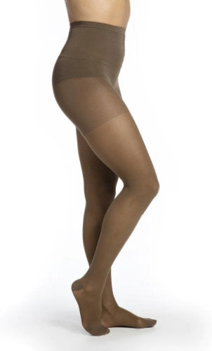 Woman wearing women's Sigvaris 783P Sheer compression pantyhose in the color Mocha