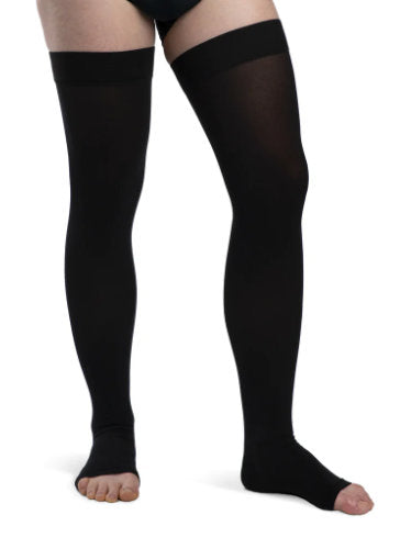 Sigvaris Essential Opaque Unisex Open Toe Thigh High Compression Stockings with Silicone Top Band in the color Black