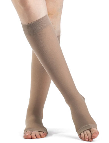 971CO Sigvaris Dynaven Opaque Open Toe Knee High 15-20 mmHg Compression Stockings With Silicone Top Band Color Light Beige