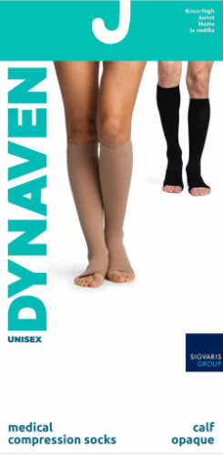 971CO Sigvaris Dynaven Opaque Open Toe Knee High 15-20 mmHg Compression Stockings With Silicone Top Band Packaging