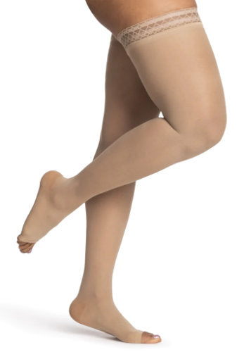 981NO Sigvaris Dynaven Sheer Women's Open Toe Thigh High Compression Stockings Color Beige