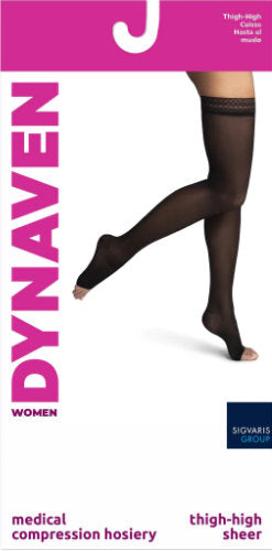 982N Sigvaris Dynaven Sheer Women's Open Toe Thigh High Compression Stockings Packaging