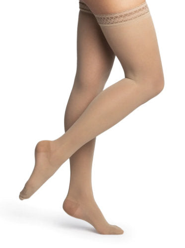 981N Sigvaris Dynaven Sheer Women's Closed Toe Thigh High Compression Stockings 15-20 mmHg Color Beige