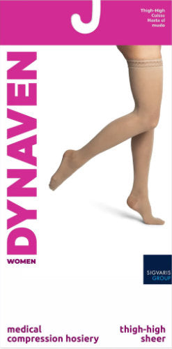 982N Sigvaris Dynaven Sheer Women's Closed Toe Thigh High Compression Stockings 20-30 mmHg Packaging