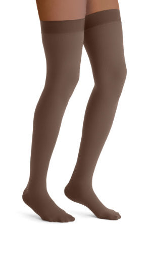 Jobst Opaque, 15-20 mmHg, Thigh High w/Silicone Dot Band, Closed Toe | Mocha Thigh High Stockings | Compression Care Center 