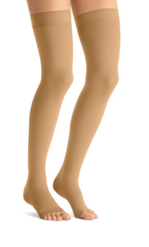 Jobst Opaque, 30-40 mmHg, Thigh High w/Silicone Dot Band, Open Toe | Mocha Opaque Stocking | Compression Care Center 