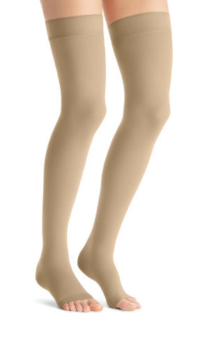 Jobst Opaque, 30-40 mmHg, Thigh High w/Silicone Dot Band, Open Toe | Beige Opaque Stocking | Compression Care Center