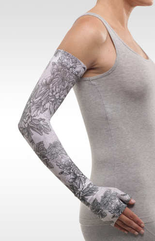 Juzo Soft Arm Sleeve with silicone band in the Floral Gray Print Series 15-20 mmHg, 20-30 mmHg, and 30-40 mmHg Compression