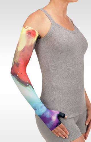 Juzo Soft Arm Sleeve in the WATERCOLOR BURST MULTI Print. Available in 15-20 mmHg, 20-30 mmHg, and 30-40 mmHg Compression