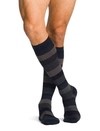 Male wearing the Sigvaris 832C Microfiber Shades Dark Navy Stripe Compression Socks