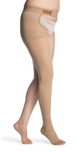 Sigvaris 863WO Opaque, 30-40 mmHg, Thigh w/Hip Attachment, Open Toe | Sigvaris Stocking | Compression Care Center 