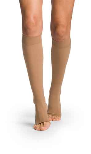 Sigvaris Essential Opaque Women's Knee High Open Toe Compression Stockings with Silicone Grip Top Band Color Light Beige 20-30 mmHg 862CO/S