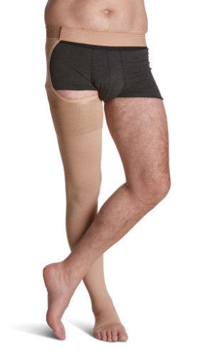 Sigvaris 504W Natural Rubber Right Leg Thigh High with Hip Attachment Color Beige