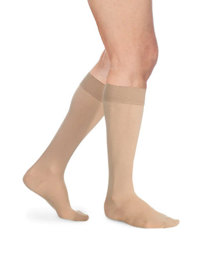 Sigvaris Essential Opaque Men's Ribbed Compression Closed Toe Full Calf Knee High Color Light Beige in a 20-30 mmHg compression with Silicone Band
