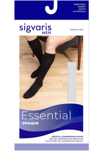 Sigvaris Essential Opaque Men's Ribbed Compression Closed Toe Full Calf Knee High in a 20-30 mmHg compression with Silicone Band Packaging