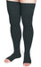 Lady wearing Sigvaris Secure Thigh High compression stockings with an open toe in the color Black