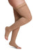 Womans leg wearing the Sigvaris Soft Opaque 841 open-toe compression thigh highs in the color Chai