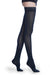Lady wearing her Sigvaris Soft Opaque 841N thigh high closed toe stockings in the color Midnight Blue