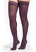 Lady wearing her Sigvaris Soft Opaque 841N thigh high closed toe stockings in the color Mulberry