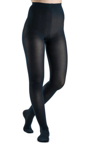 Lady wearing her Sigvaris Soft Opaque Compression Pantyhose 843P in the color Midnight Blue