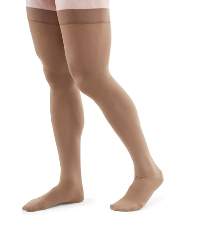 Man wearing his Medi Duomed Closed Toe Thigh High 30-40 mmHg Compression Stockings in the color Almond