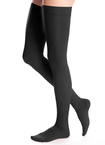 Lady wearing her Medi Duomed Advantage Thigh High Compression Stockings Color Black